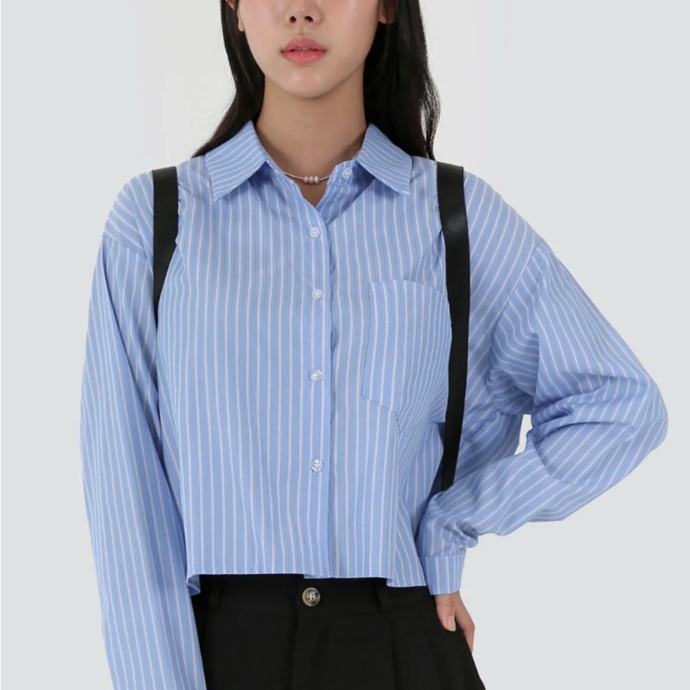 Munisa (Korean) Cropped Blue Striped Button Down Shirt